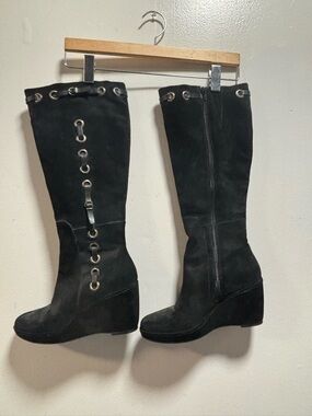 AEROSOLES Black Suede Wedge Over-the-Knee Boots with Grommet Detail